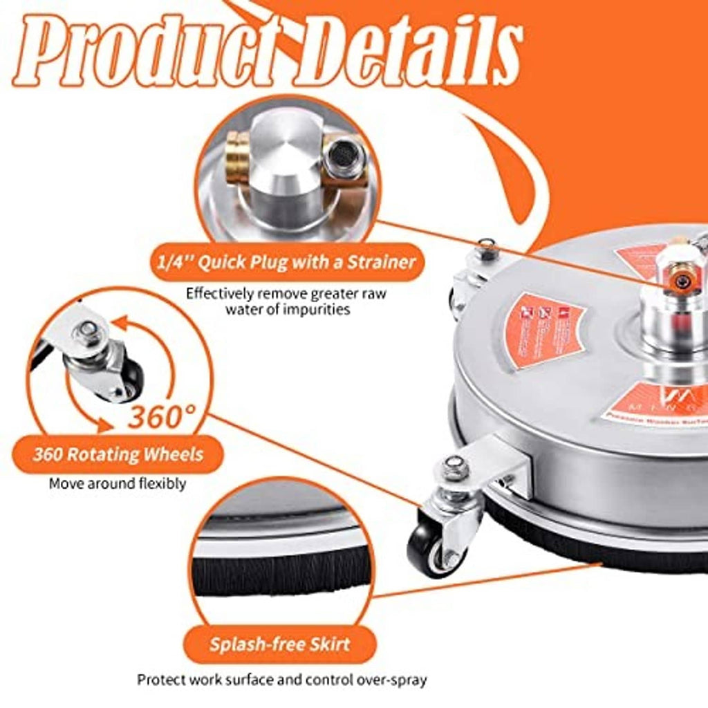 Pressure washer surface cleaner attachment with splash-free skirt and rotating wheels