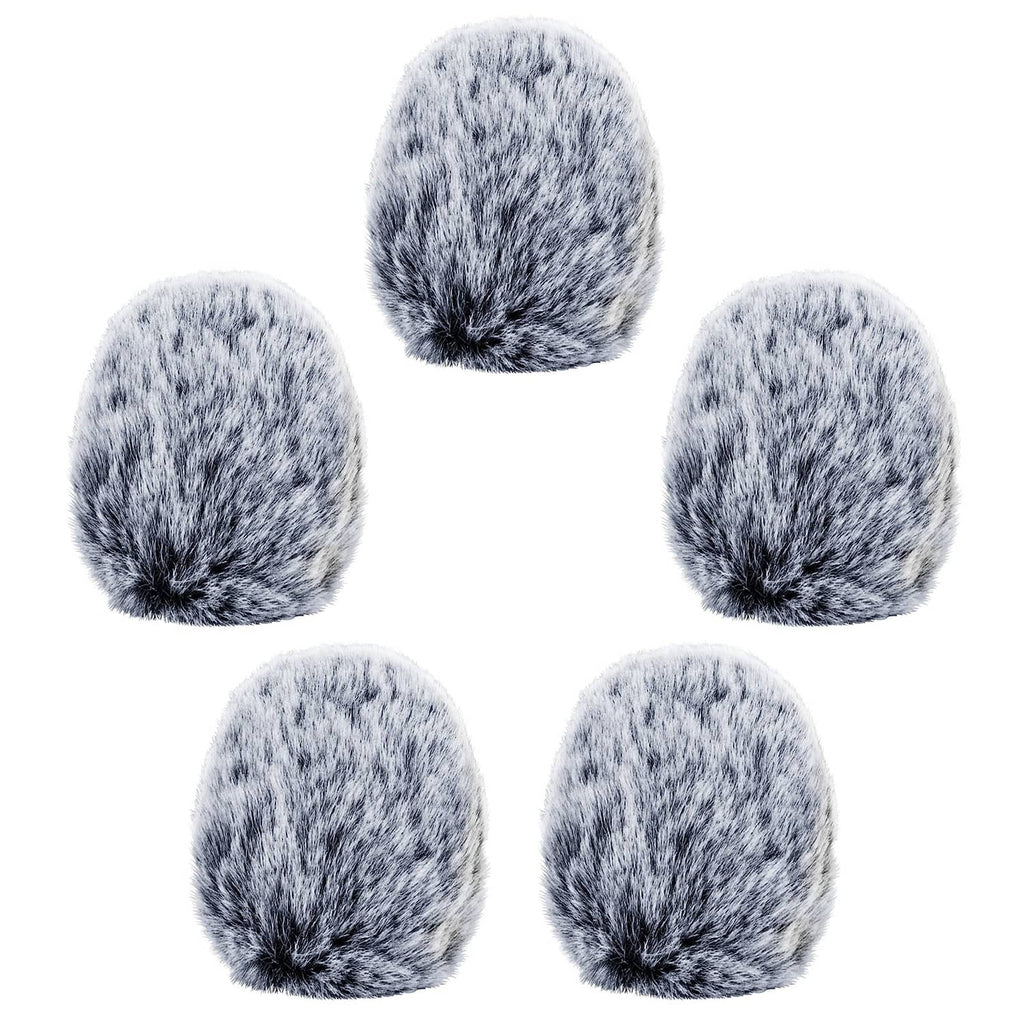 Grey furry windscreens set with five round muff covers for microphones