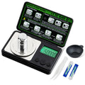 Black portable mini digital milligram scale with stainless steel weighing pan and green LCD