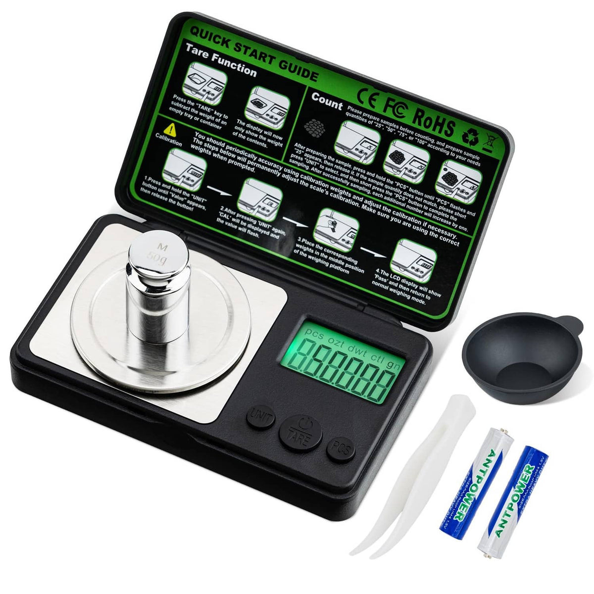 Black portable mini digital milligram scale with stainless steel weighing pan and green LCD