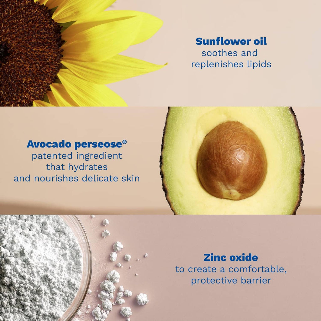 Diaper rash cream ingredient collage with zinc oxide, sunflower oil, avocado