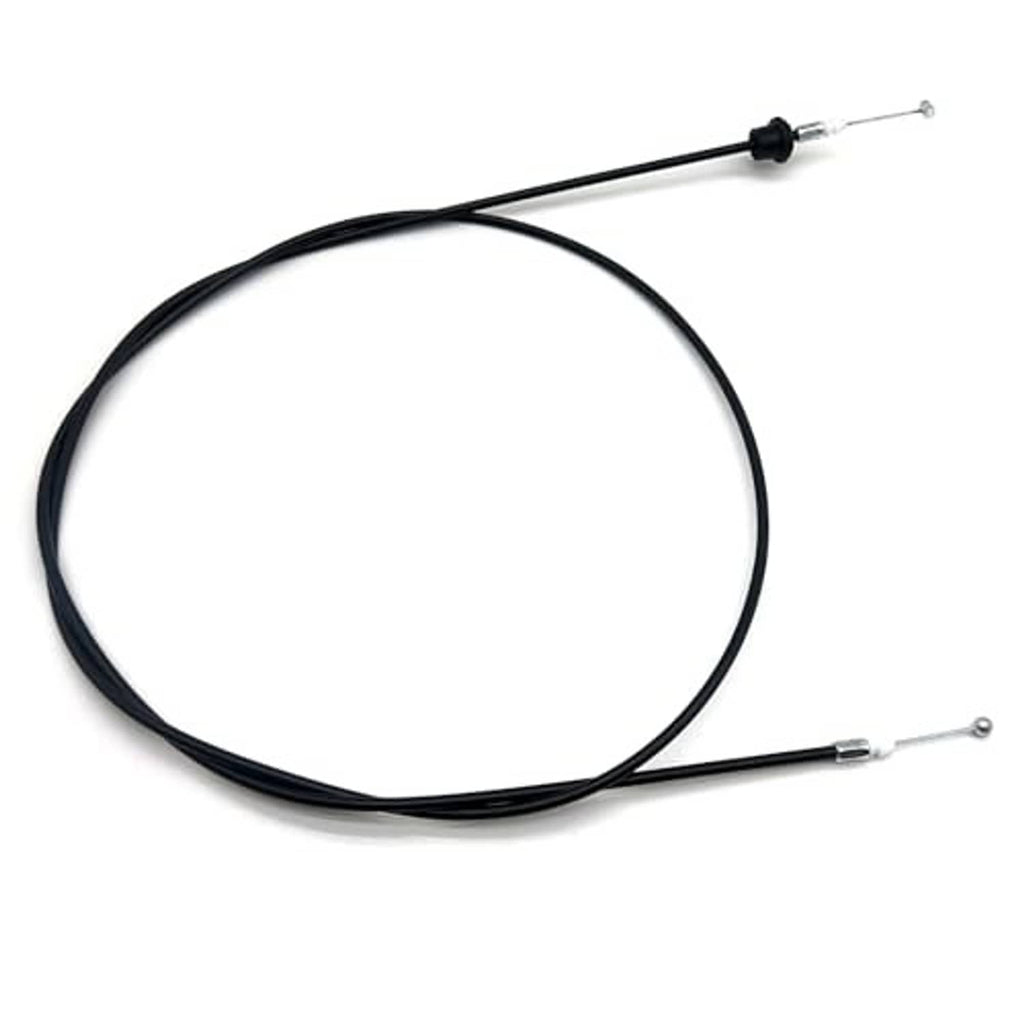 Coiled black hood release cable with metal end fittings and a central black stop