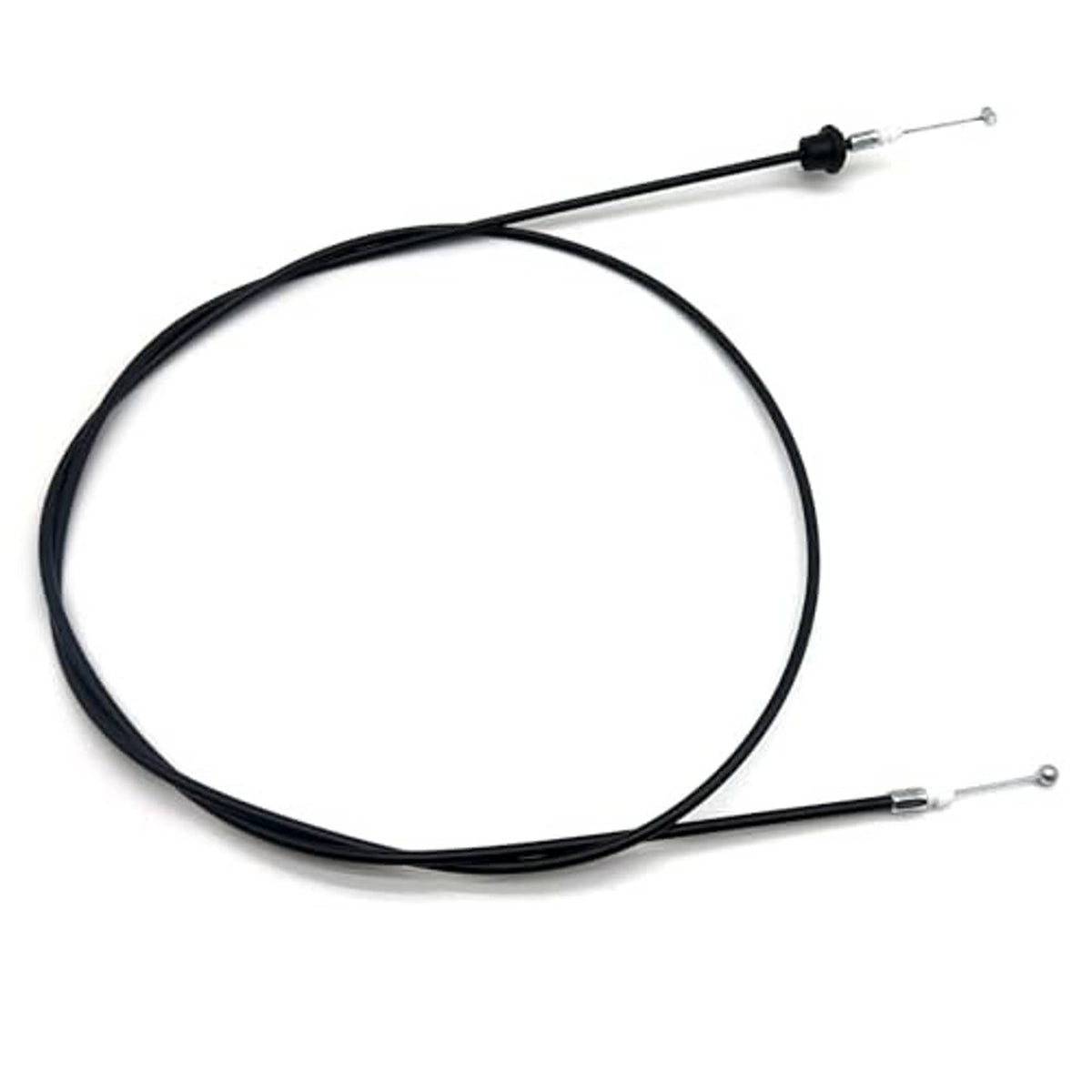 Coiled black hood release cable with metal end fittings and a central black stop