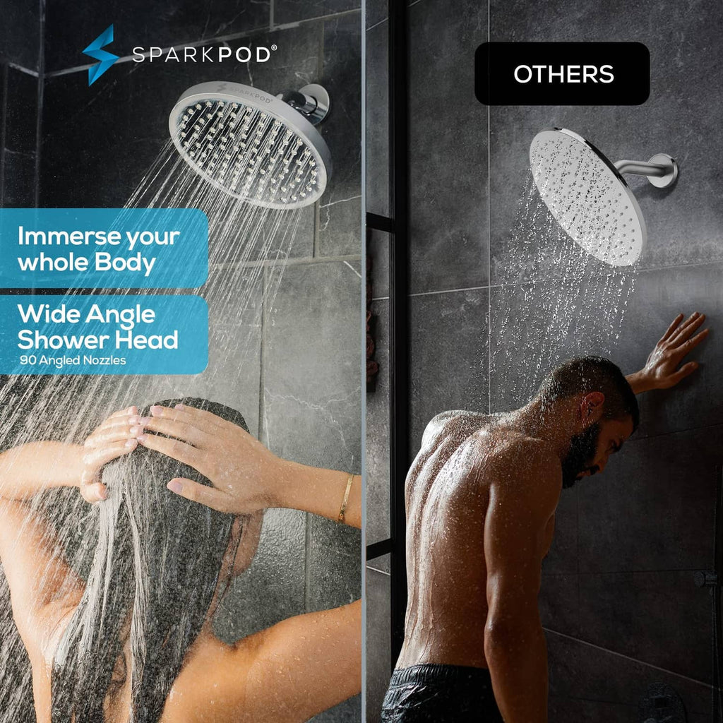Round chrome rain shower head with wide water spray pattern