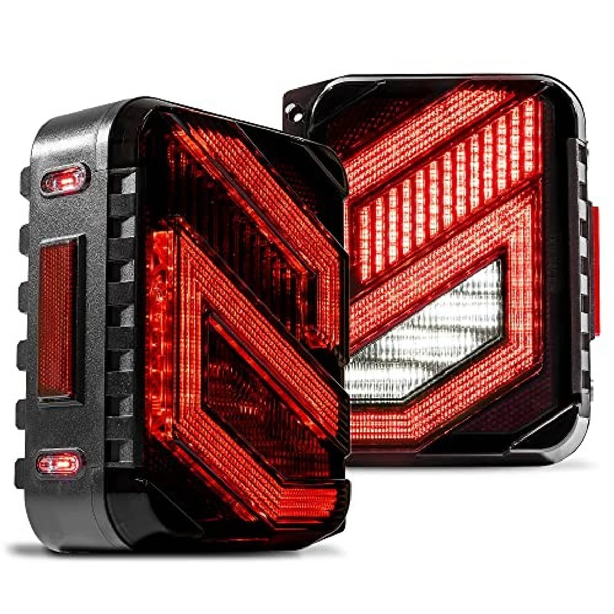 Pair of dark smoked LED tail lights with red reflector-style light patterns