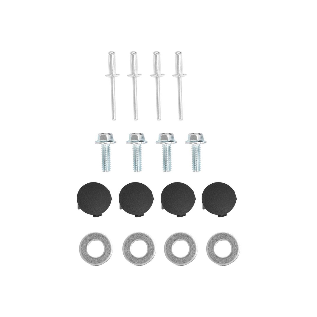 Rear bumper mounting hardware kit with black end caps, bolts, and washers