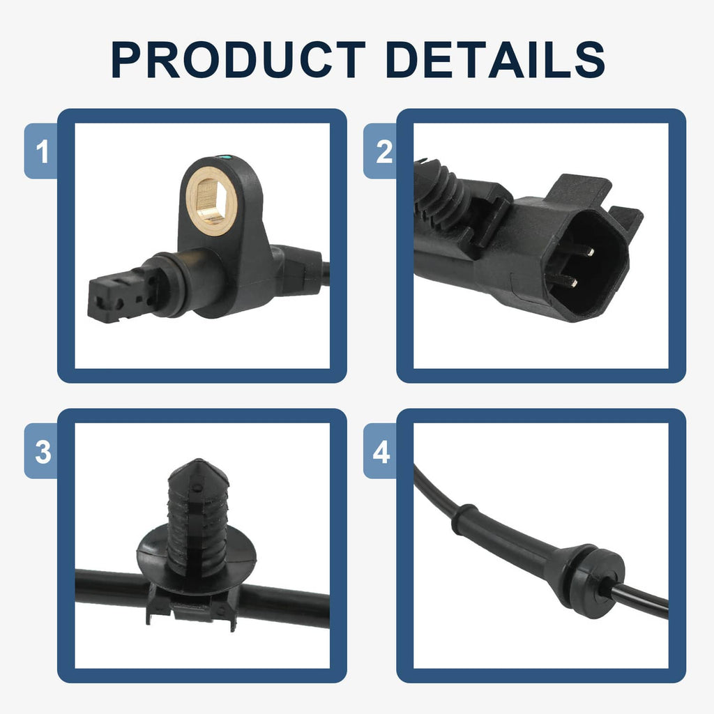 Wheel speed sensor connector housing with electrical plug and mounting hardware details