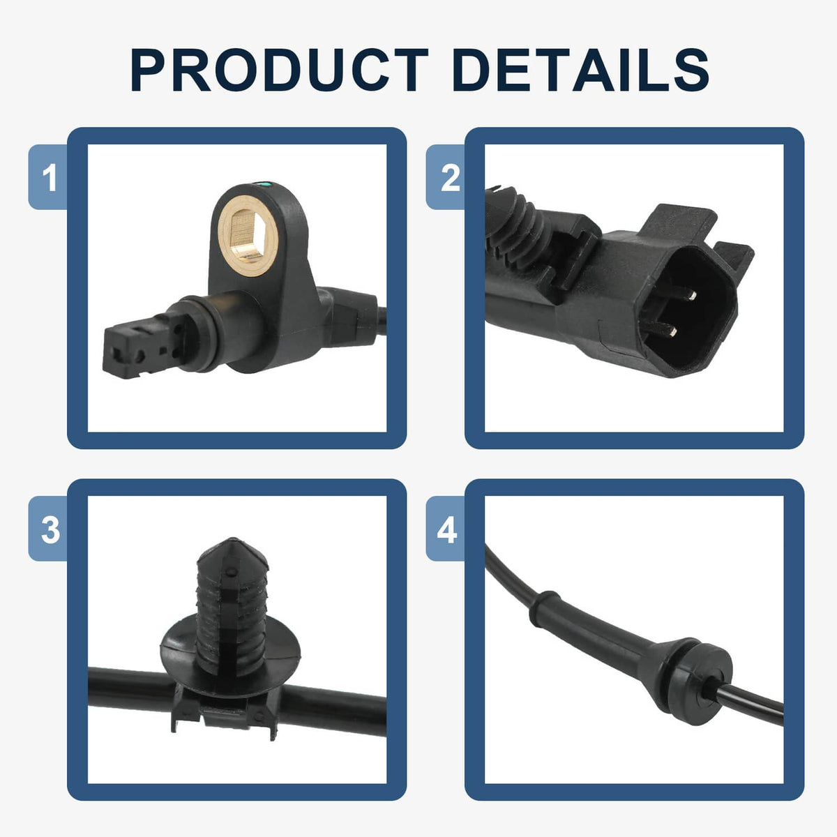 Wheel speed sensor connector housing with electrical plug and mounting hardware details