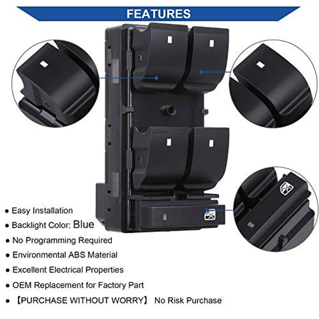 Black power window switch assembly with four buttons and recessed lock control