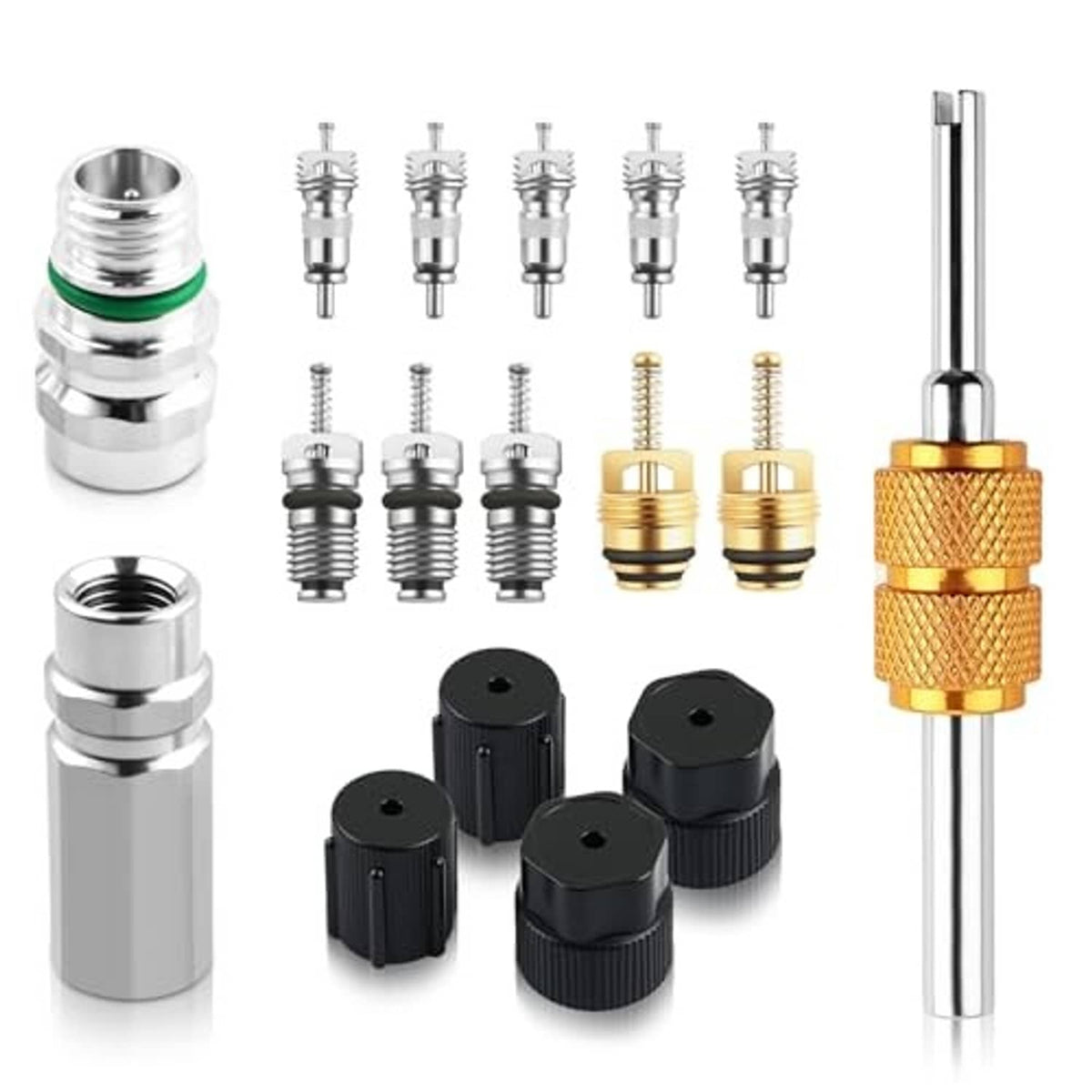 Car AC valve core kit with multiple valve cores, gold and chrome parts, and removal tool