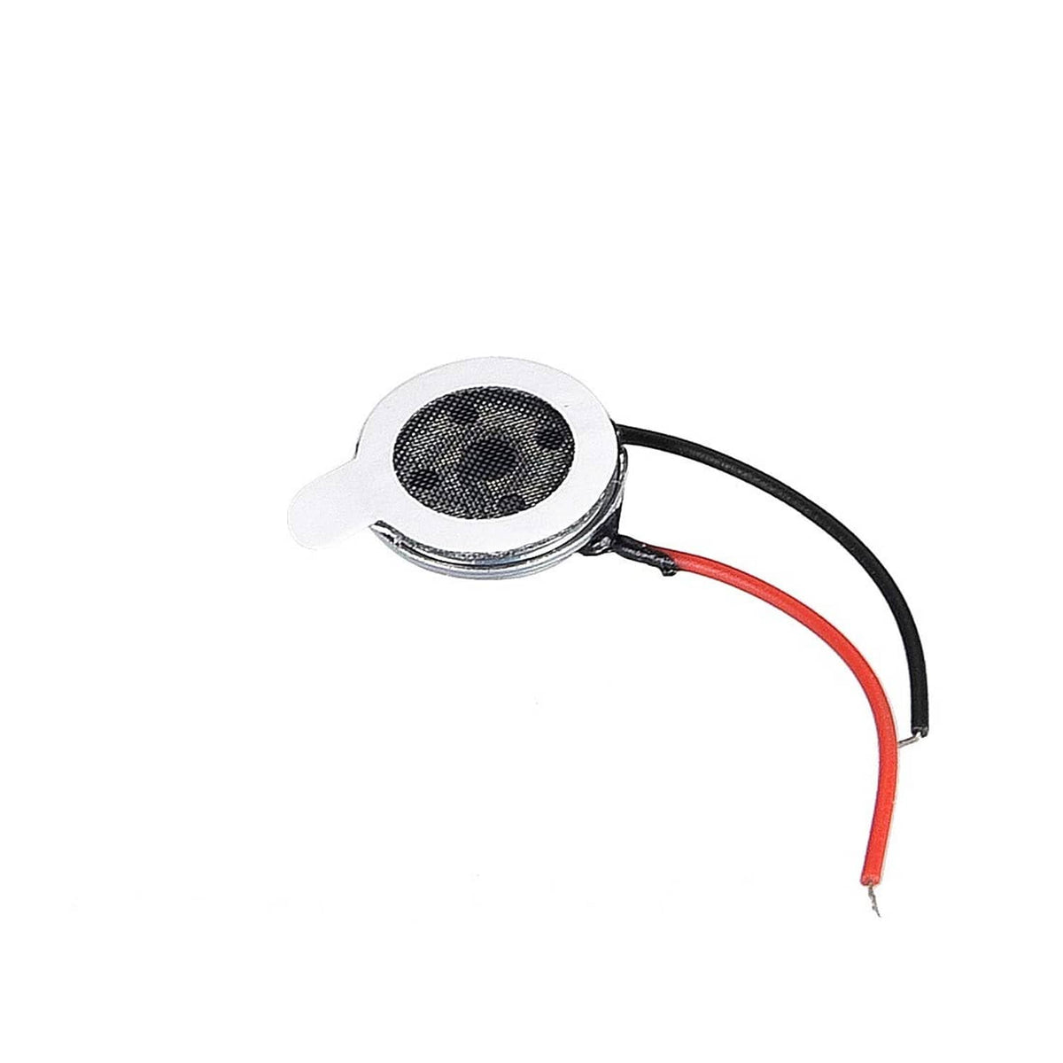Mini round DIY speaker driver with black mesh grille and red/black wire leads