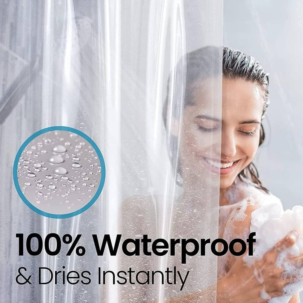 Waterproof shower liner with heavy water beading on clear white curtain