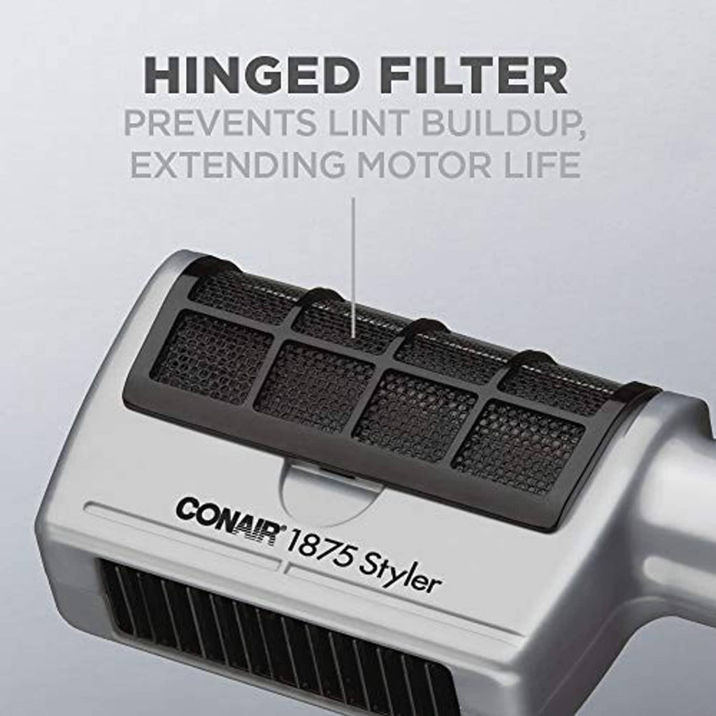 Conair hair dryer air intake with hinged filter grille on silver housing, close-up