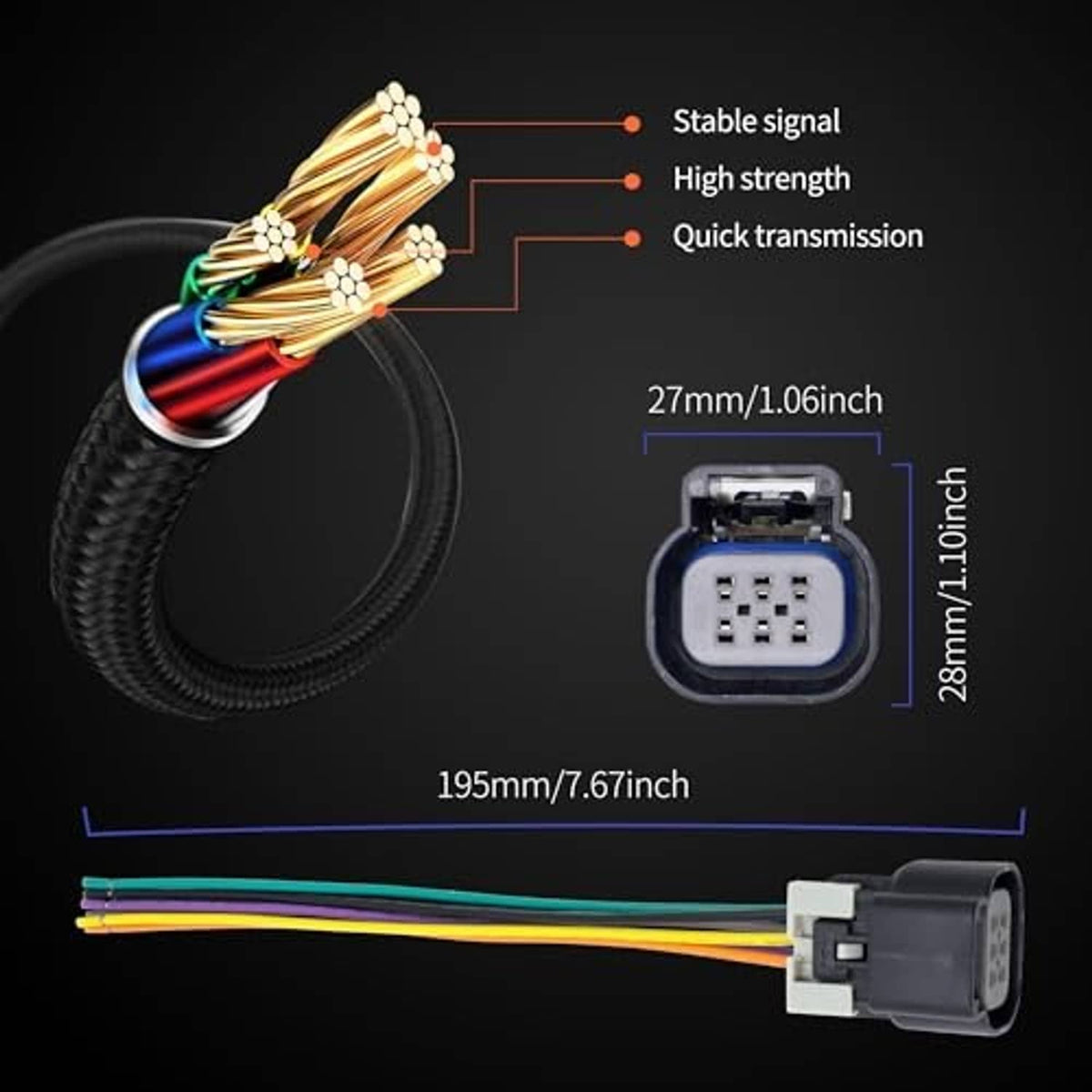6-wire connector harness pigtail with multicolor leads and compact 6-pin plug
