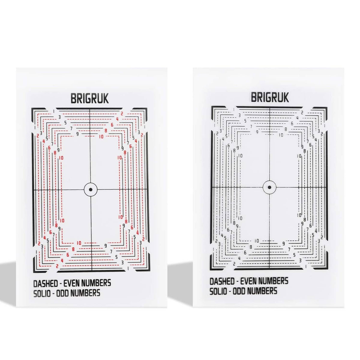 BRIGRUK centering percentage cards with dashed even/solid odd number grids, two fronts