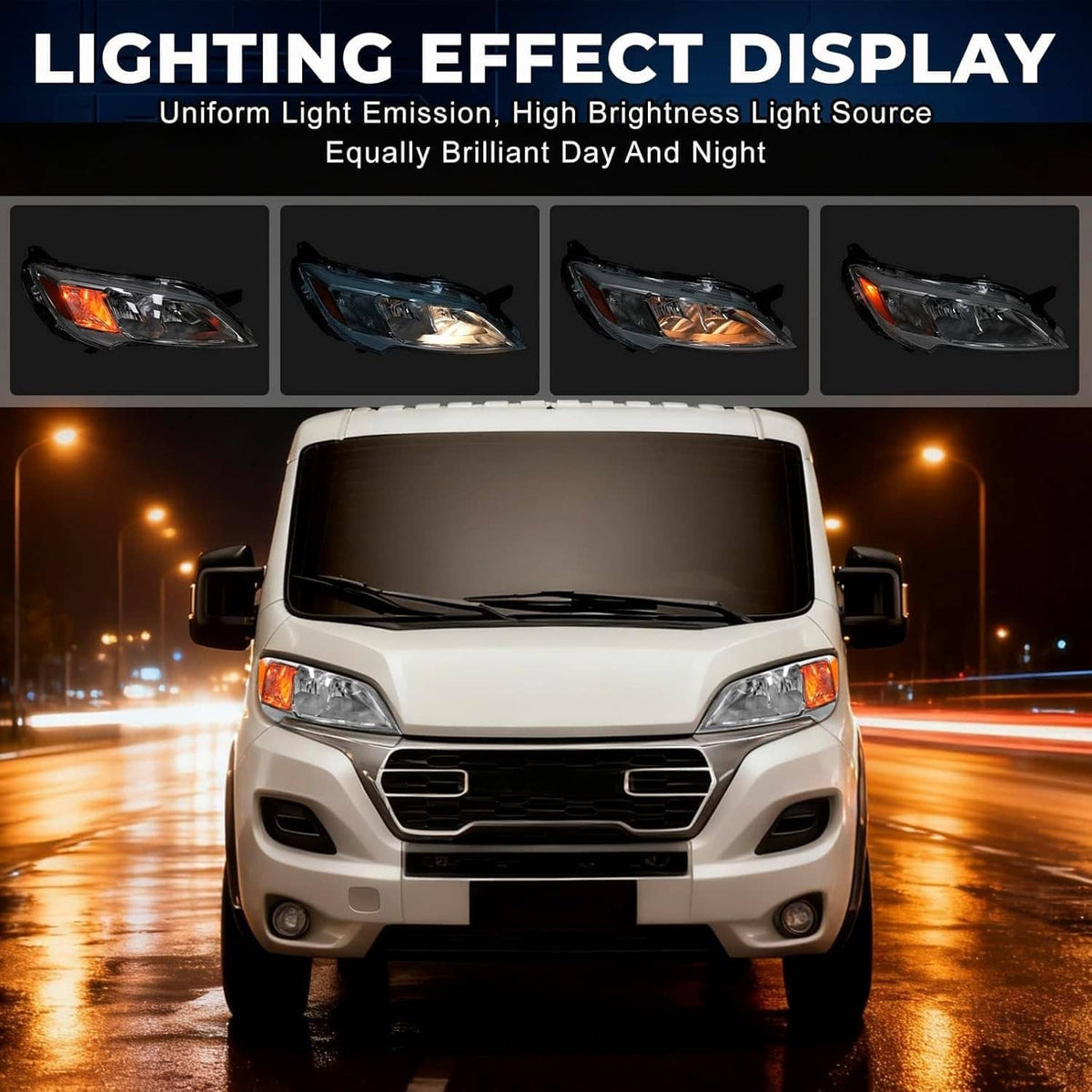 Right halogen headlight on front of van with lighting effect and multiple brightness views
