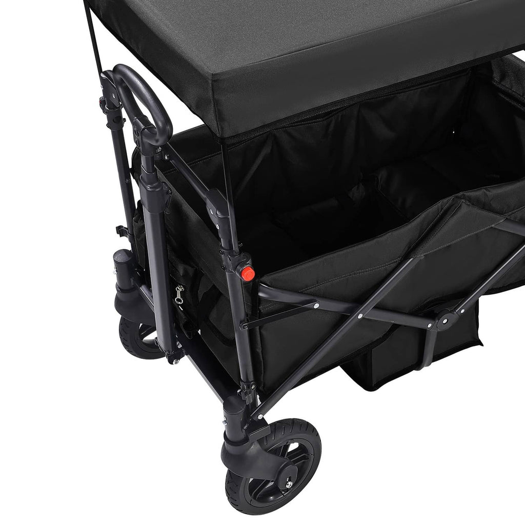 Double stroller wagon, black canopy and roomy storage basket, four-wheel frame