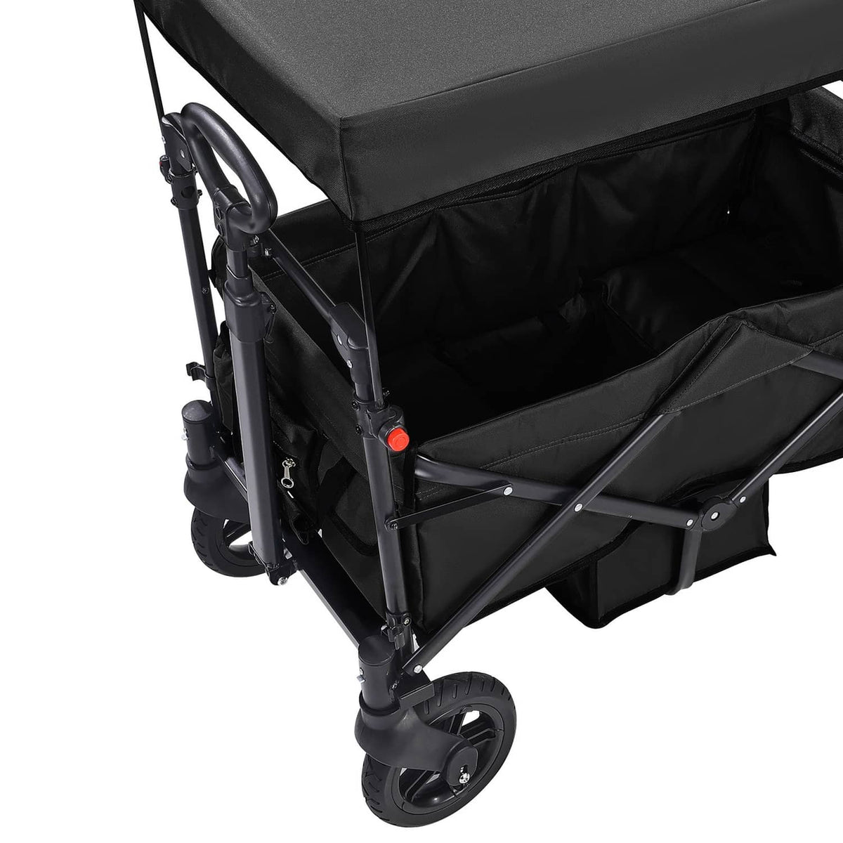 Double stroller wagon, black canopy and roomy storage basket, four-wheel frame