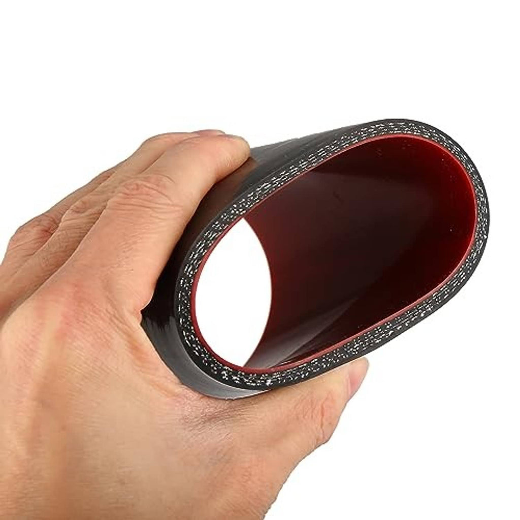 Black silicone hose coupler held in hand, red-lined opening with stitched edge