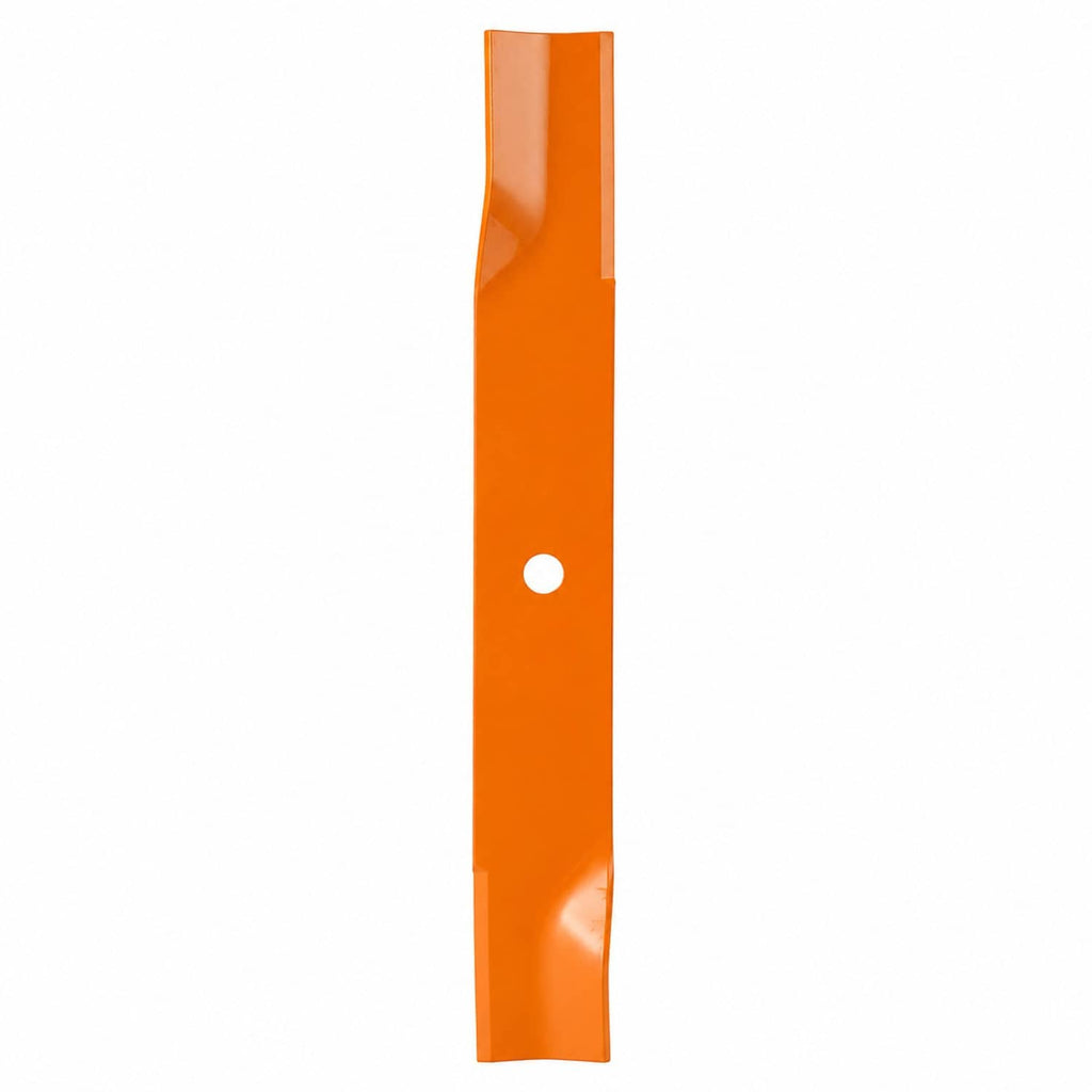 Orange mower deck blade with round mounting hole, shown as a single long bar.