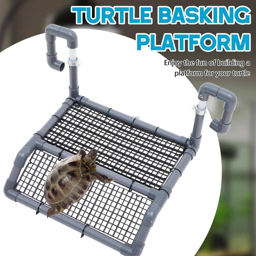 Turtle basking platform with black mesh grid top and raised hanging support frame