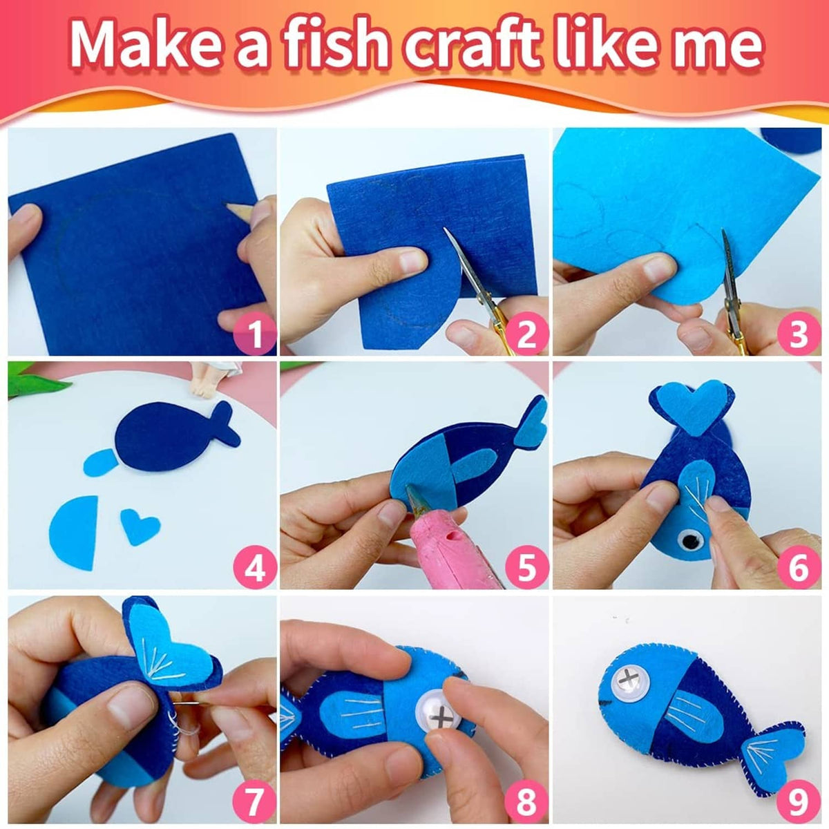 Blue felt craft sheets with cut fish pieces, shown step-by-step assembly with tools