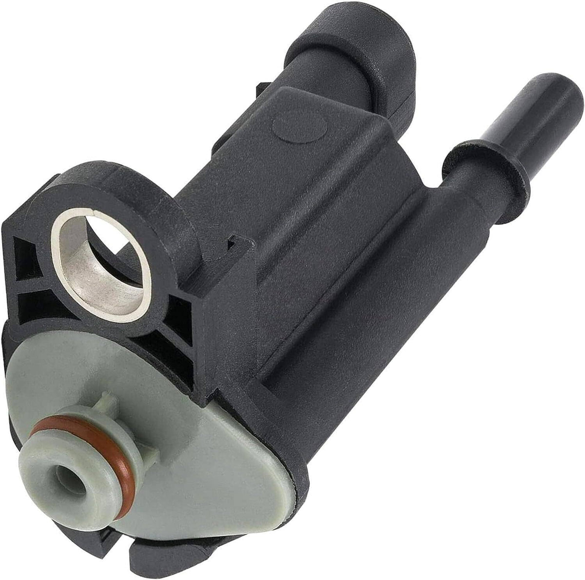 Canister purge solenoid valve with black housing and gray base, showing inlet port
