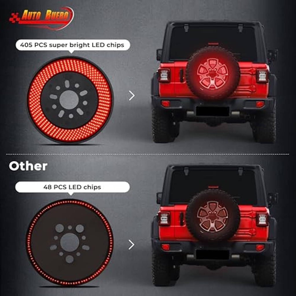 Red LED spare-tire brake light disk with black center, shown on vehicle.