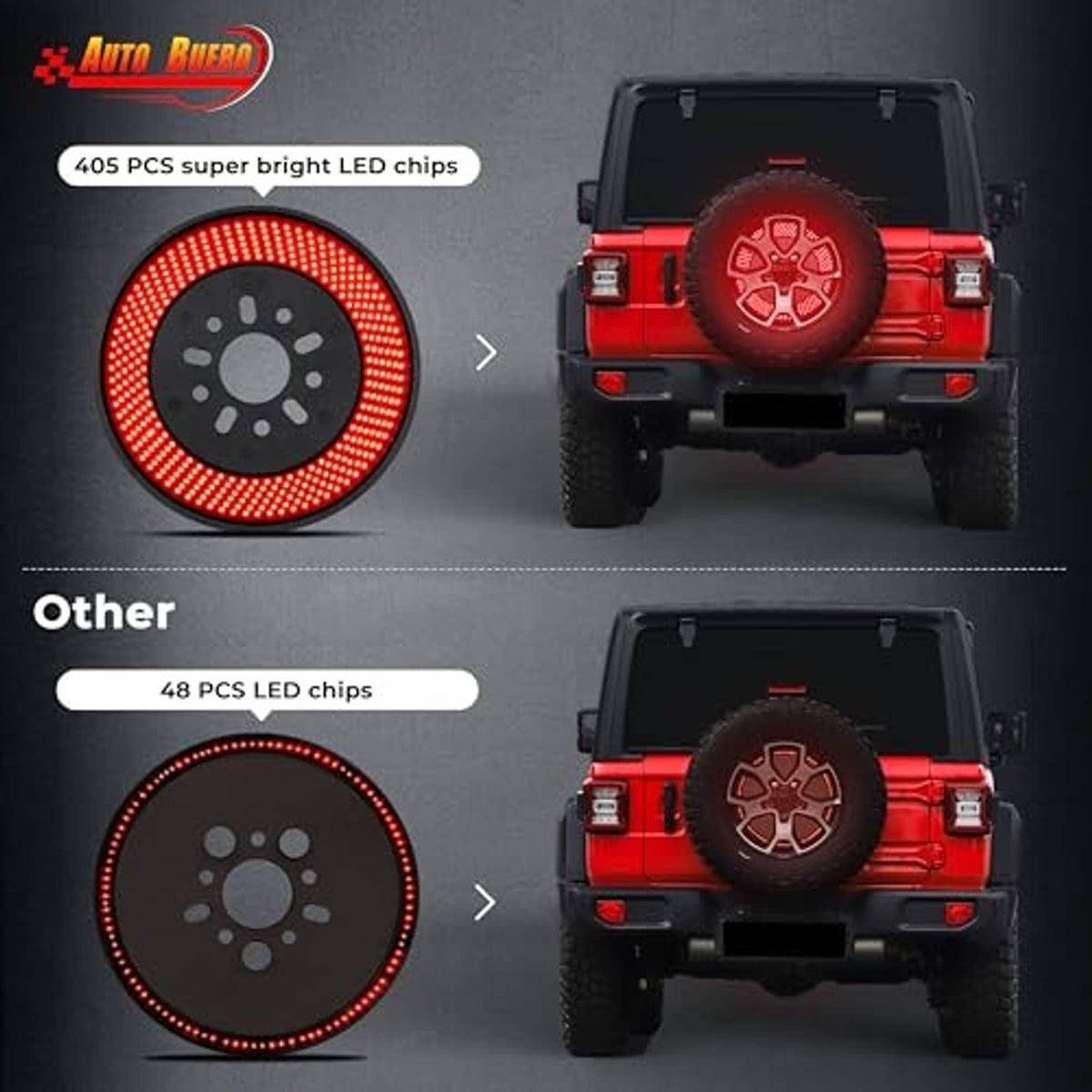 Red LED spare-tire brake light disk with black center, shown on vehicle.