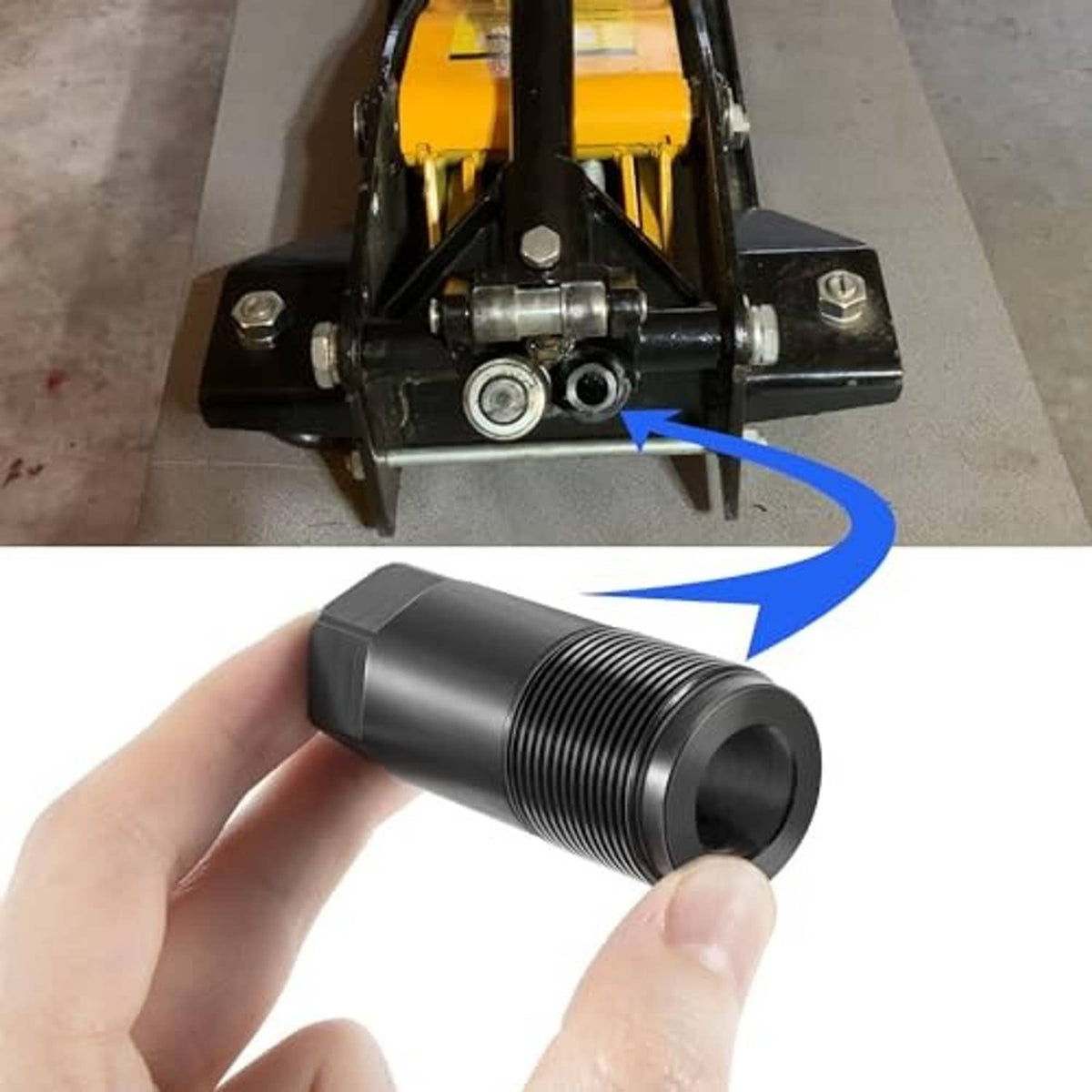 Floor jack pump plunger kit being installed: hand holds black threaded housing