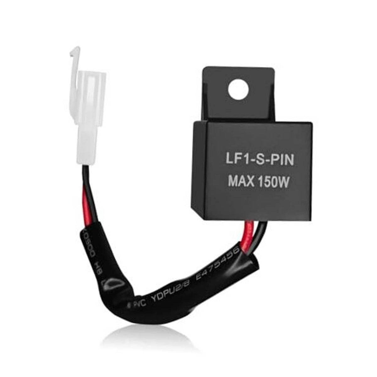 Black electronic LED turn signal flasher relay with wiring harness and mounting tab