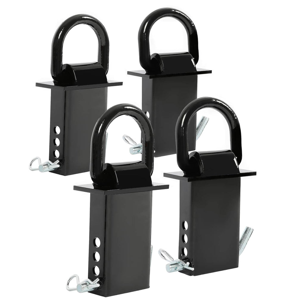 Four black stake pocket D-ring tie-downs with U-shaped D rings and pin mounts
