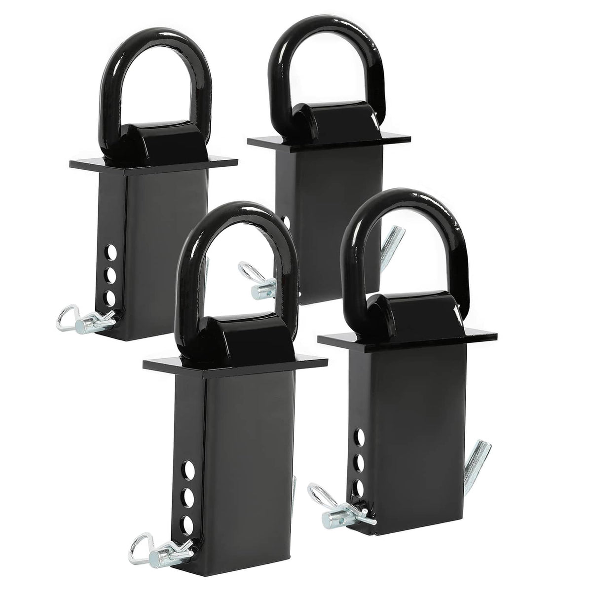 Four black stake pocket D-ring tie-downs with U-shaped D rings and pin mounts