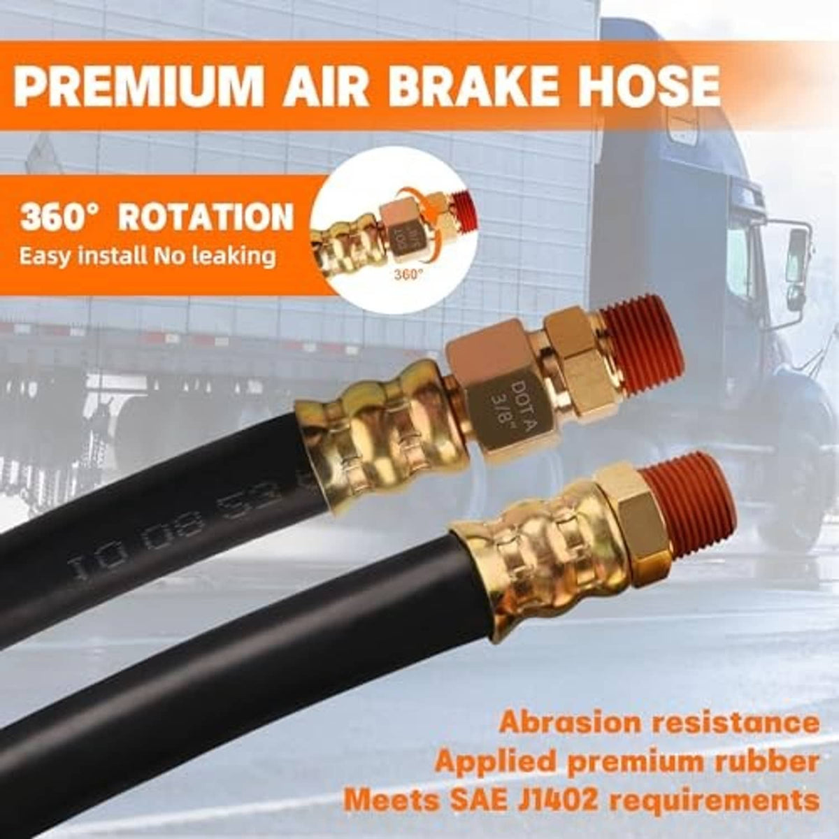 Premium black air brake hoses with brass fittings and threaded end caps, angled view
