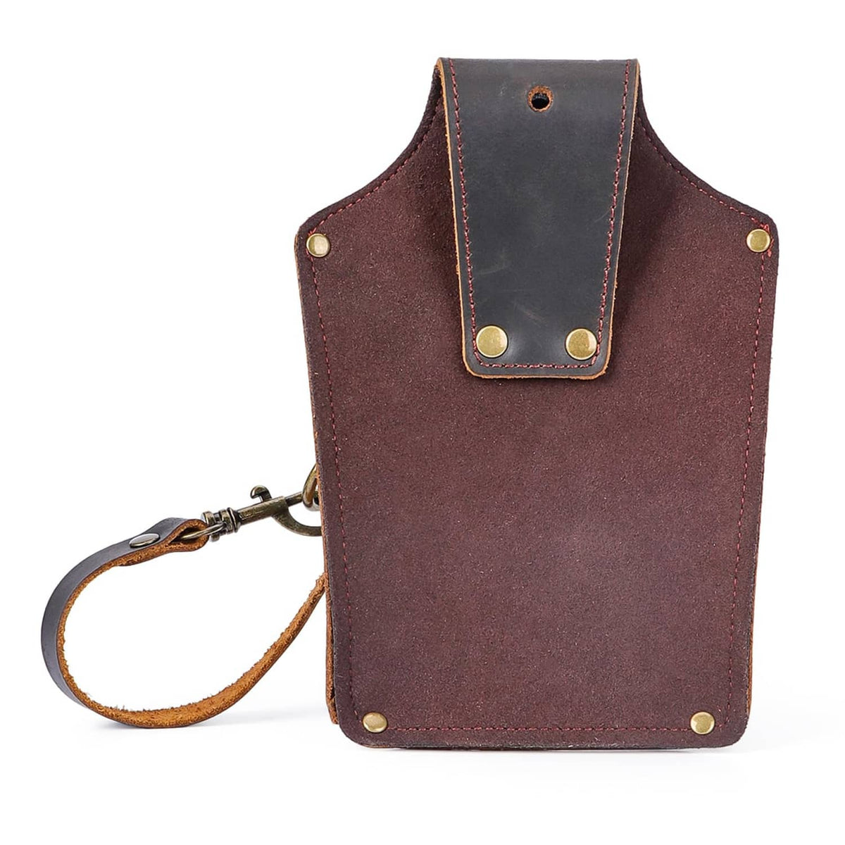 Brown leather tool pouch with front pocket flap, brass snaps, and hanging wrist strap