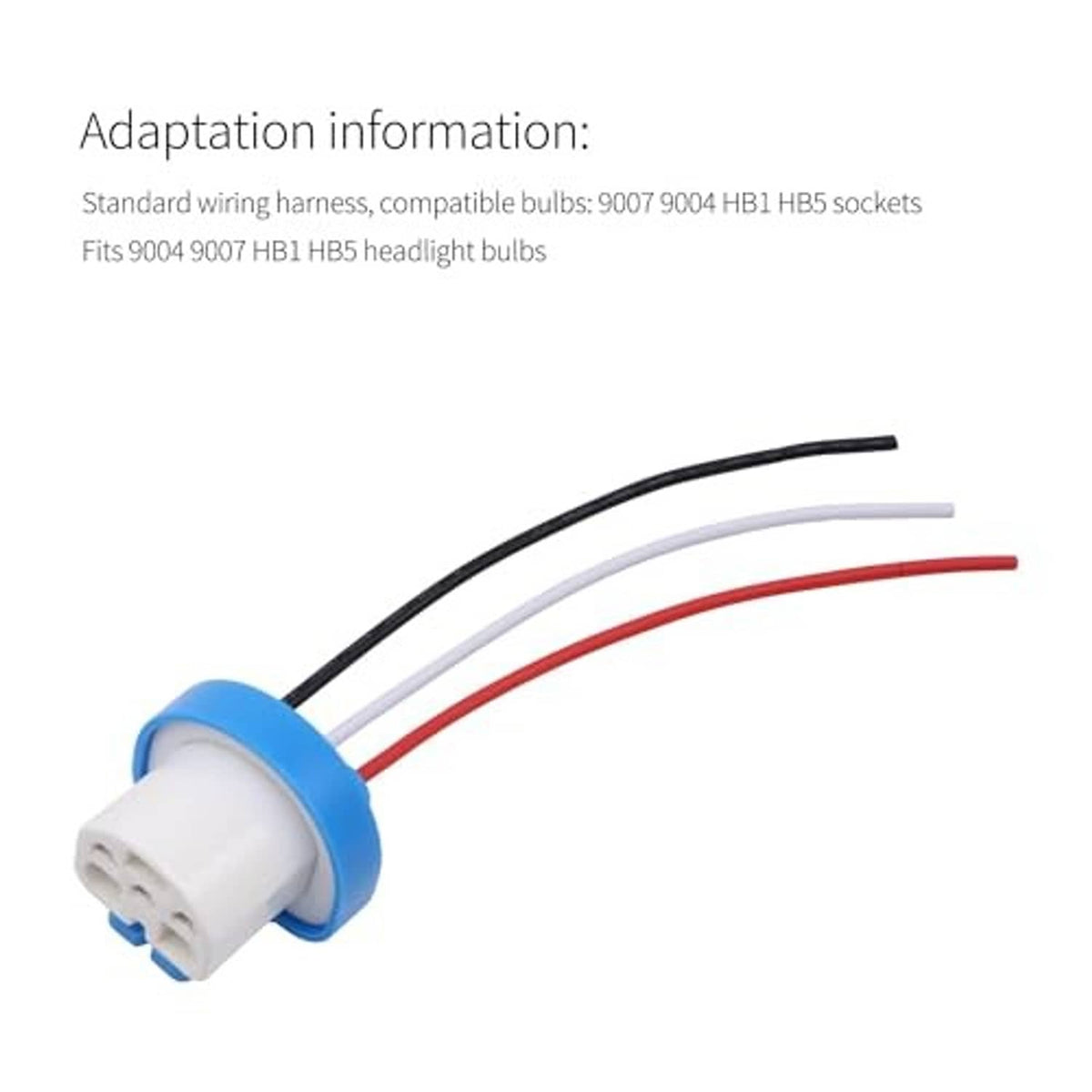 Single male wire harness extension connector with blue collar and black/white/red wire leads