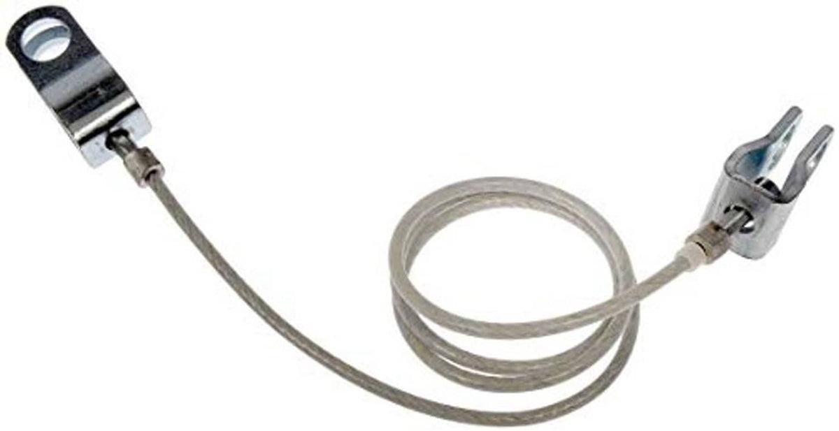 Hood release cable with two metal pins and gray wire loop.