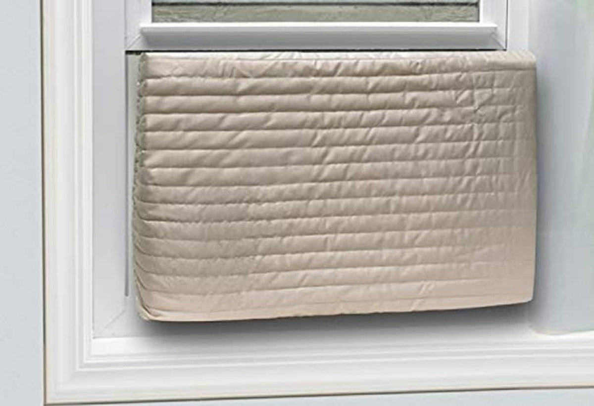 Beige quilted window air conditioner cover with padded horizontal seams
