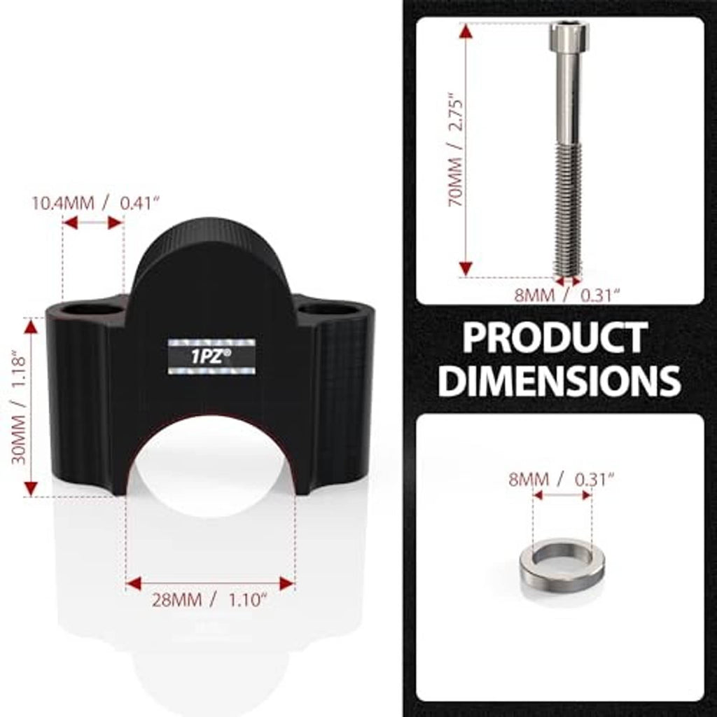 Black handlebar riser clamp pair with measured dimensions shown