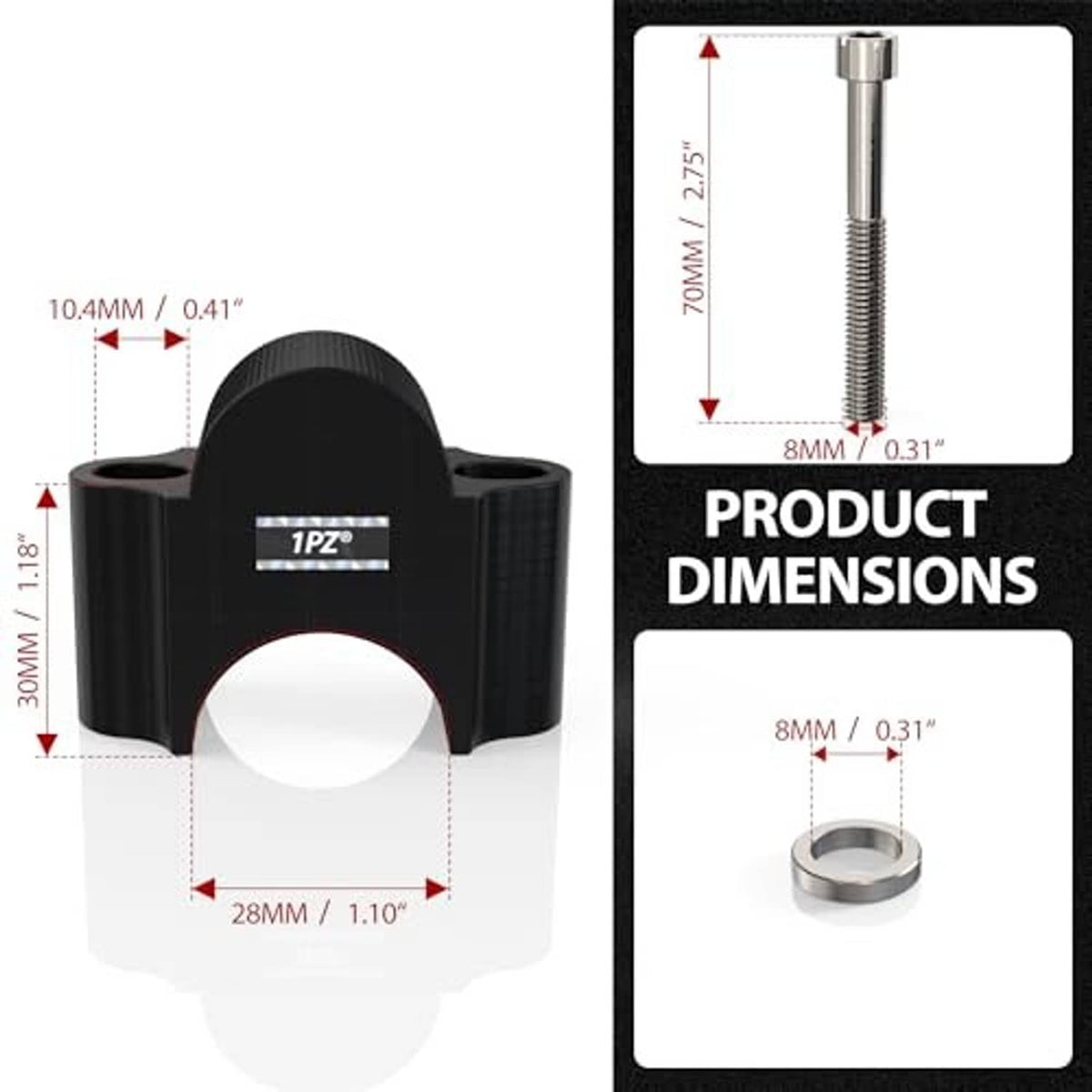 Black handlebar riser clamp pair with measured dimensions shown