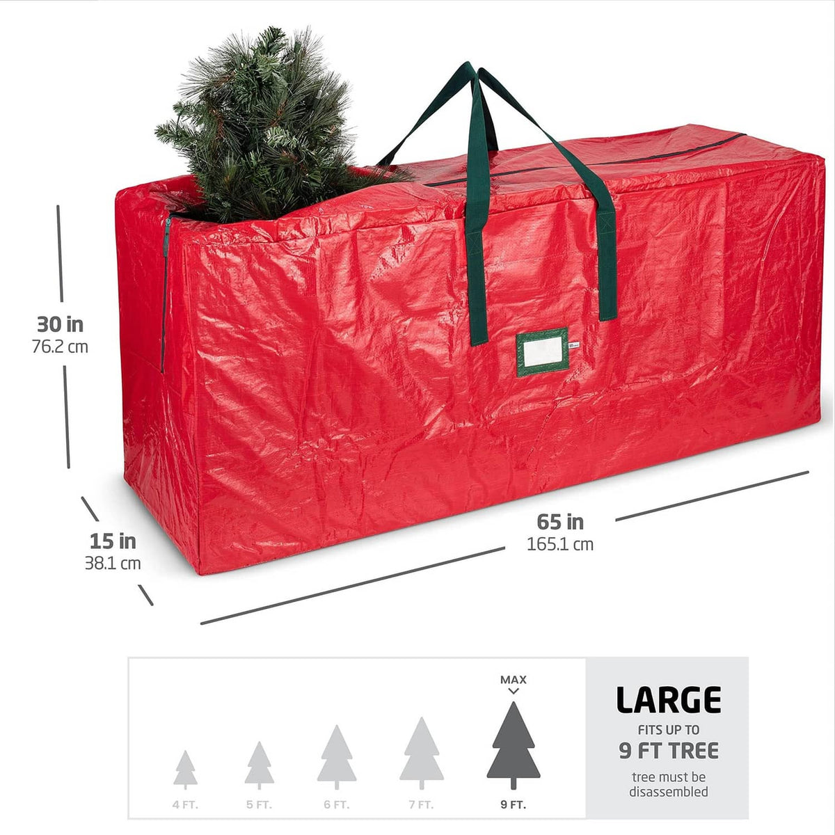 Red large Christmas tree storage bag with green handle straps and square label pocket