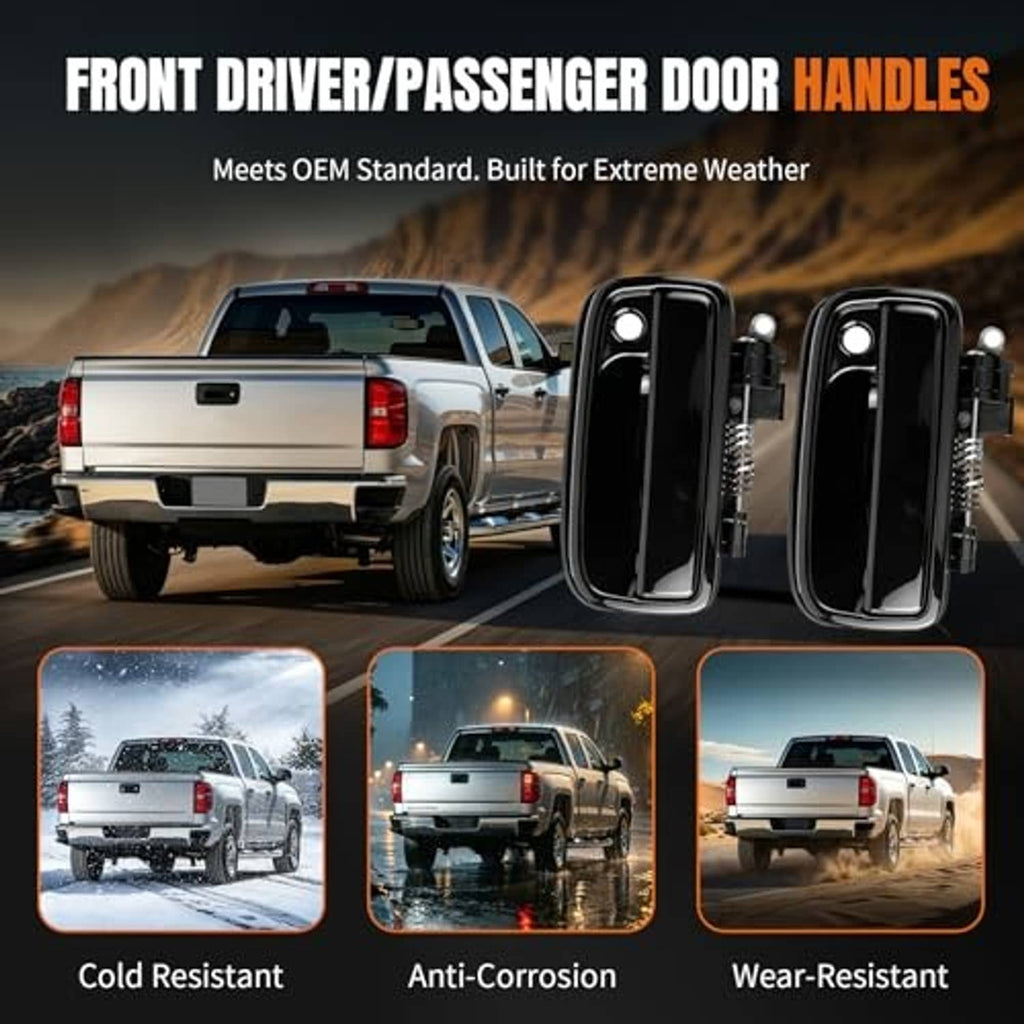 Front exterior driver and passenger door handle pair, black with spring hardware.