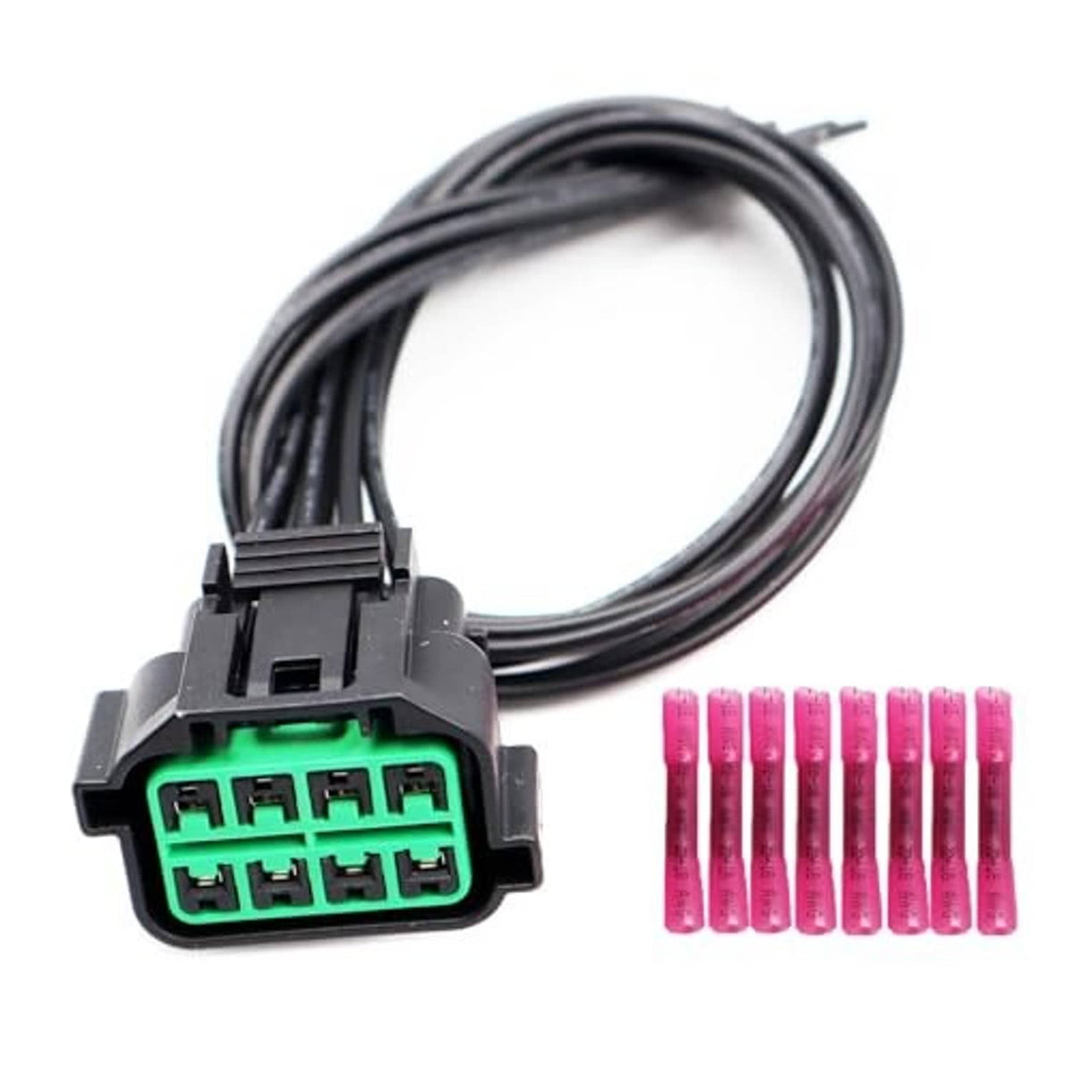 8-way headlight wiring connector plug with bundled black wires and green terminal sockets
