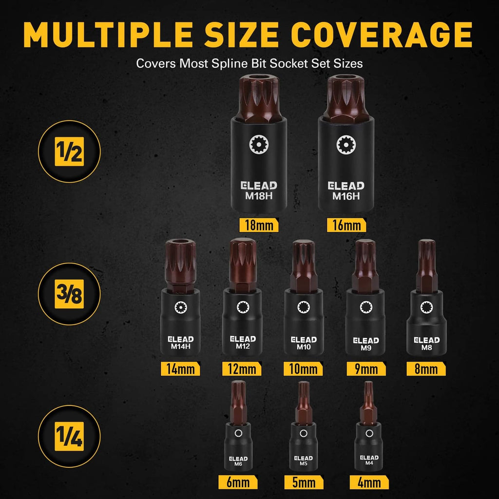 13-piece spline bit socket set with multiple sizes for 1/2, 3/8, and 1/4 drive