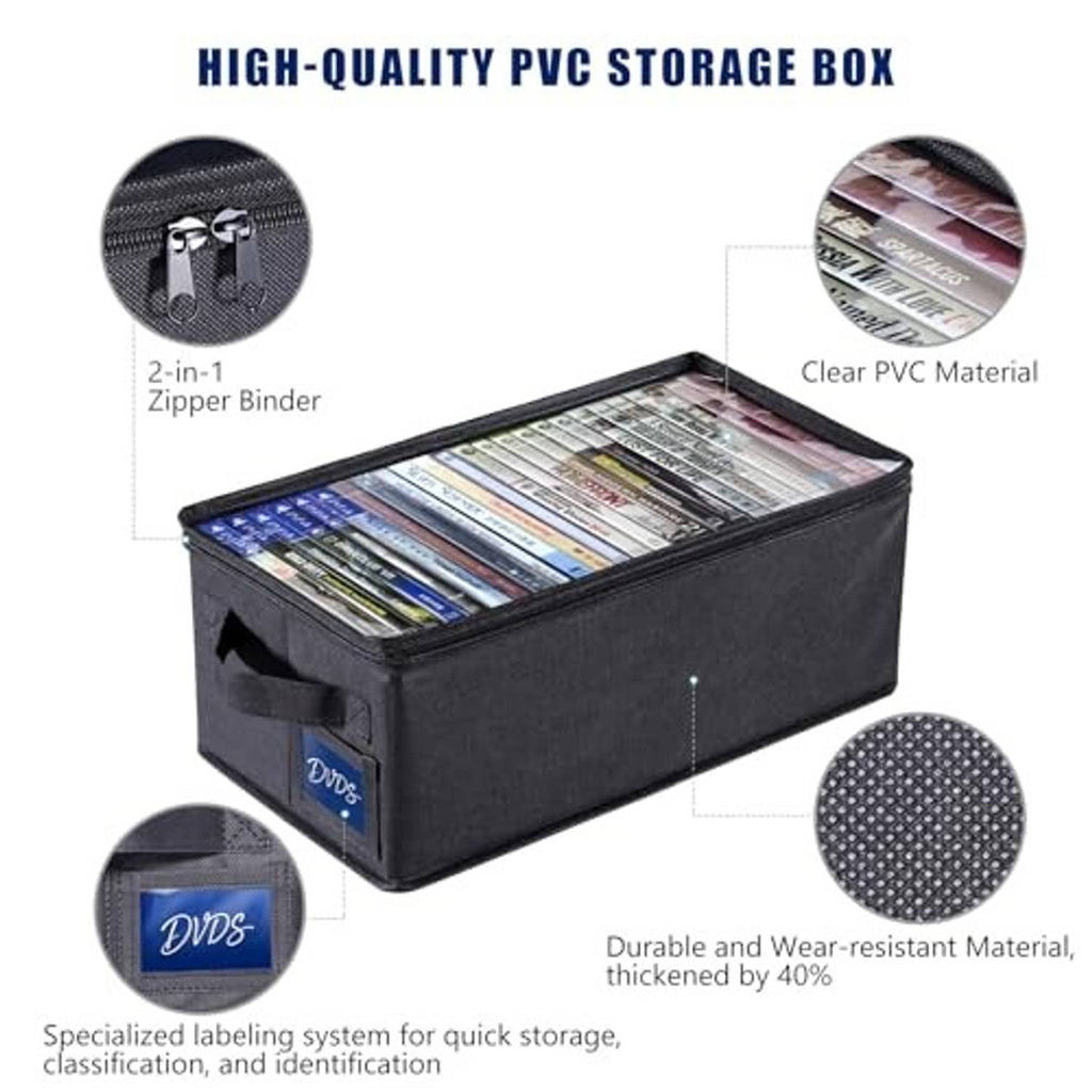 Black PVC media storage box with clear top window and fabric handle