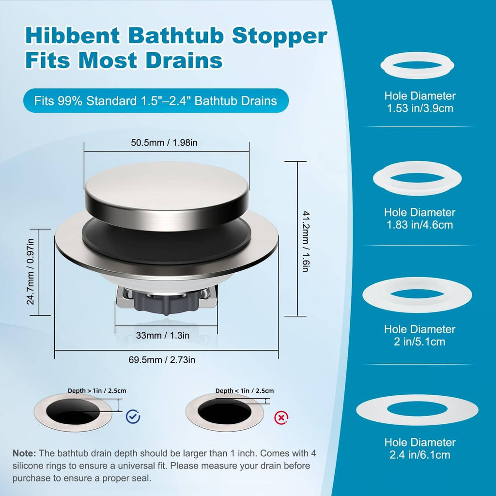 Brushed nickel bathtub drain stopper with black pop-up top and mounting base