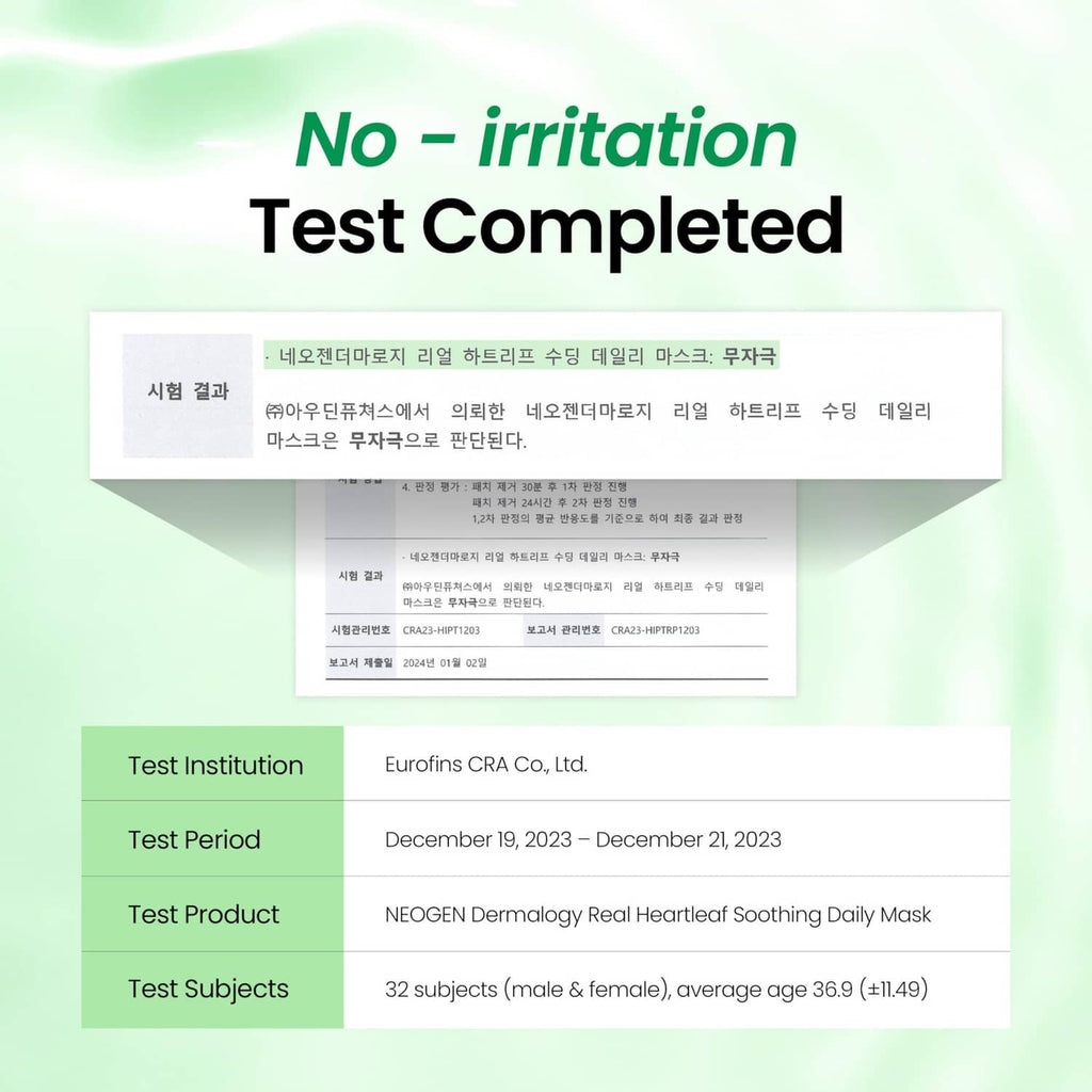No-irritation test result card for NEOGEN Dermalogy heartleaf soothing daily mask