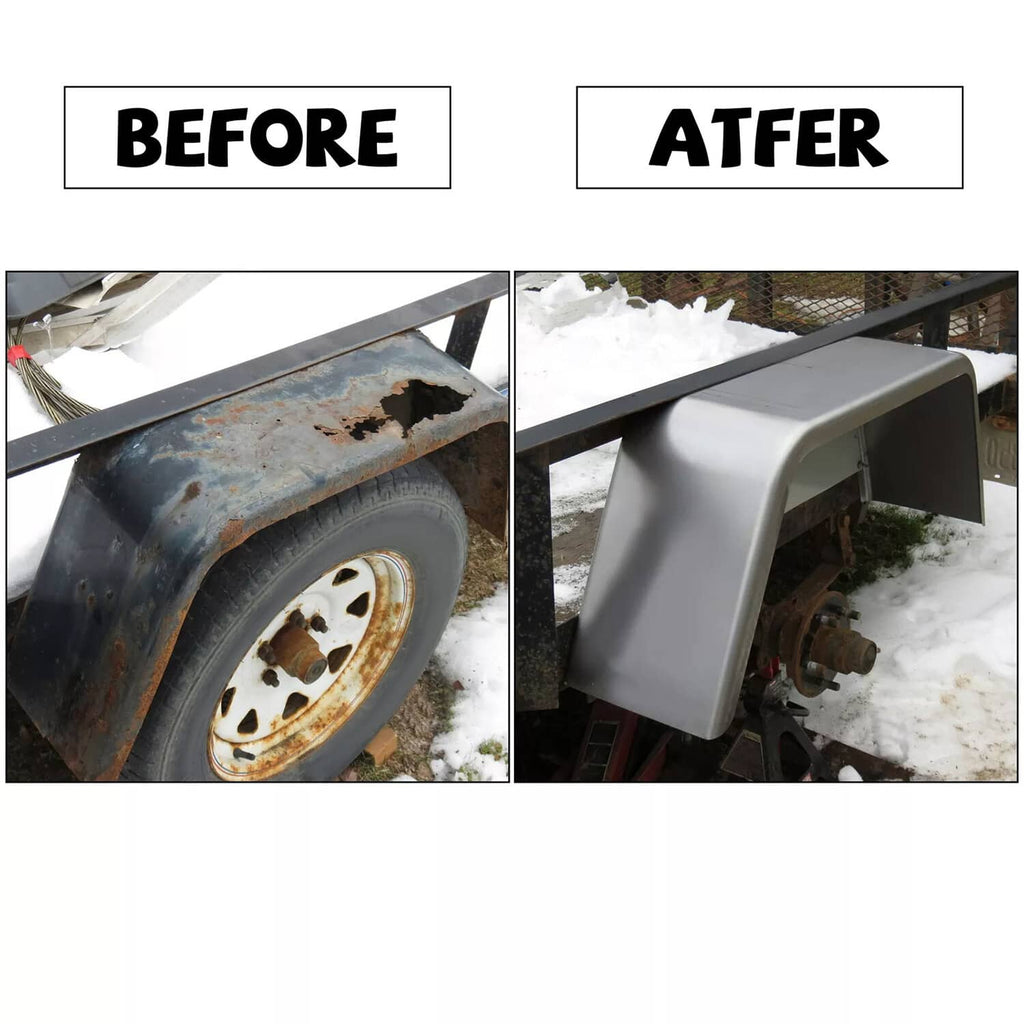 Wheel fender upgrade on car hauler trailer, light gray metal fenders installed