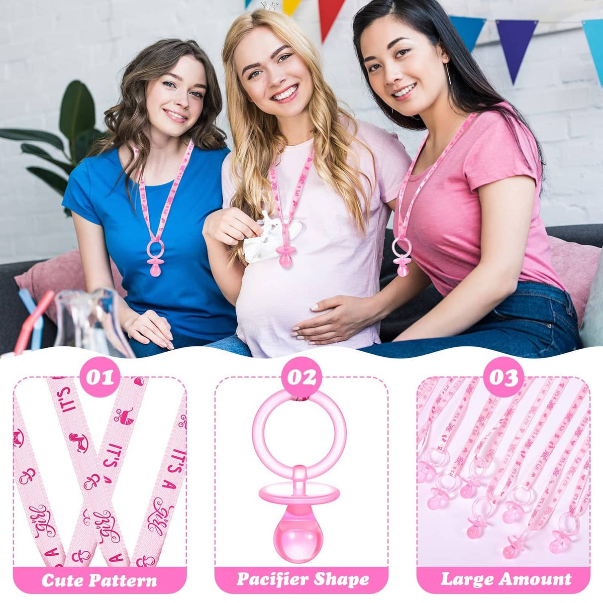Three pink pacifier necklace designs shown on cards: V-shape with pacifier pendant