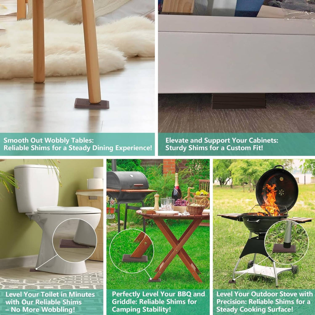 Brown ribbed rubber shim wedge placed under wooden furniture leg